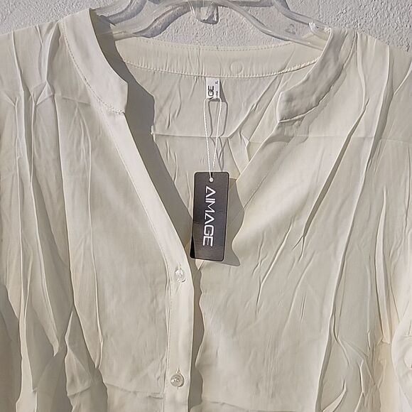 Aimage XL Boho  Blouse Shirt Top Off White Button Ruffled Sleeves Long - Picture 2 of 5